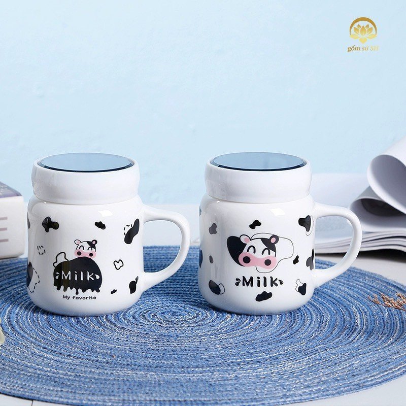 Ly sứ , cốc sứ , ly nước ,ly có tay câm sứ họa tiết bò sữa , trái dâu , hoạt hình siêu đáng yêu - Gốm sứ SH