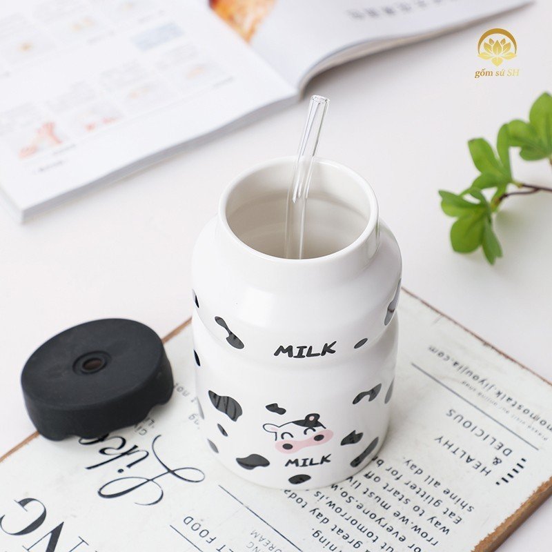 Ly sứ , cốc sứ , ly nước ,ly có tay câm sứ họa tiết bò sữa , trái dâu , hoạt hình siêu đáng yêu - Gốm sứ SH