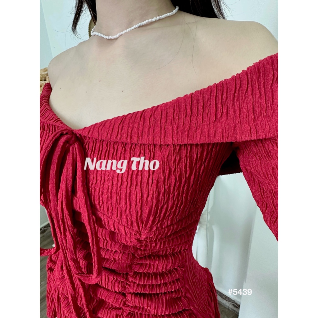 Đầm váy đỏ bẹt vai tay dài rút tà  5439