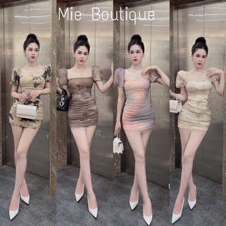 Đầm Body Thun Lưới Ôm Body Cổ Vuông Dáng Ngắn Tay Phồng Mặc Đi Tiệc Đi Chơi Siêu Xinh