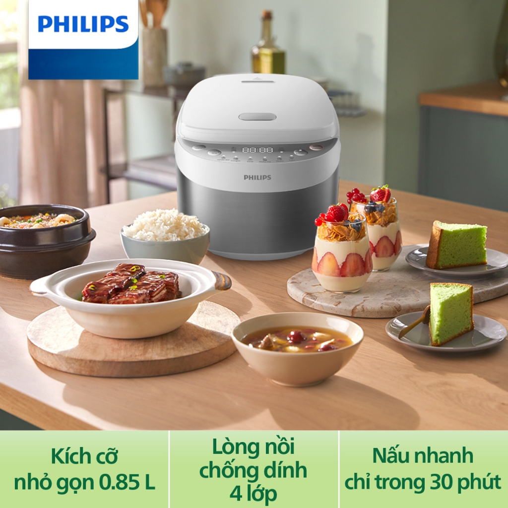 Nồi Cơm Điện Tử Mini Philips HD3170, 0.85Lit - 600w, 8 Chế Độ Nấu, BH 24 Tháng