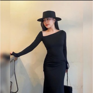 Đầm nữ cao cấp dáng dài rút dây hông tay dài bẹt vai duyên dáng thanh lịch