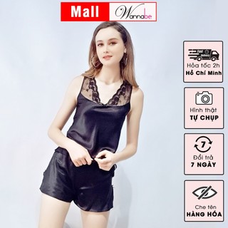 Đồ bộ mặc nhà phi lụa WANNABE BSS04 bộ short áo bản vai sát nách cổ phối ren mặc cùng quần sọt