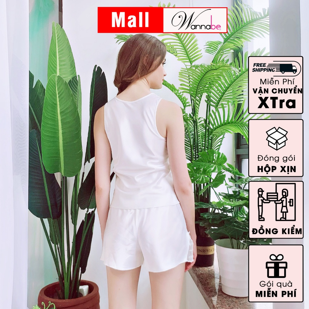 Đồ bộ mặc nhà phi lụa Wannabe, bộ short bss04 áo sát nách cổ phối ren mặc cùng quần sọt