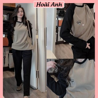  Set Bộ Đồ Nữ Thêu Mickey Tăm Nhung Áo Dài Tay Phối Màu Mix Quần Suông Dài Ống Rộng Freesize 