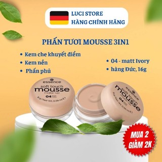 Xả hàng nghỉ bán -Phấn tươi essence mousse Đức 3 in 1 phấn phủ, kem nền, che khuyết điểm, 04 matt ivory 16g - Chuẩn auth