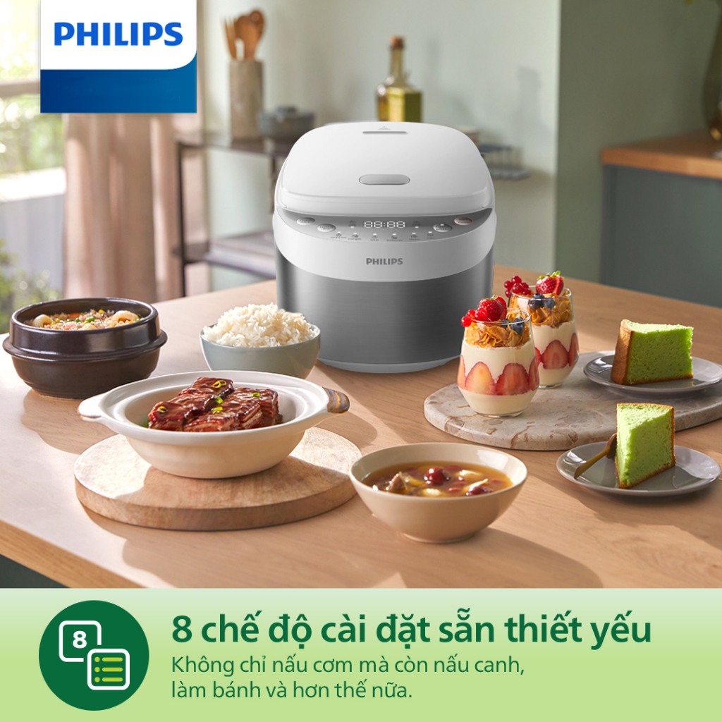 Nồi Cơm Điện Tử Mini Philips HD3170, 0.85Lit - 600w, 8 Chế Độ Nấu, BH 24 Tháng