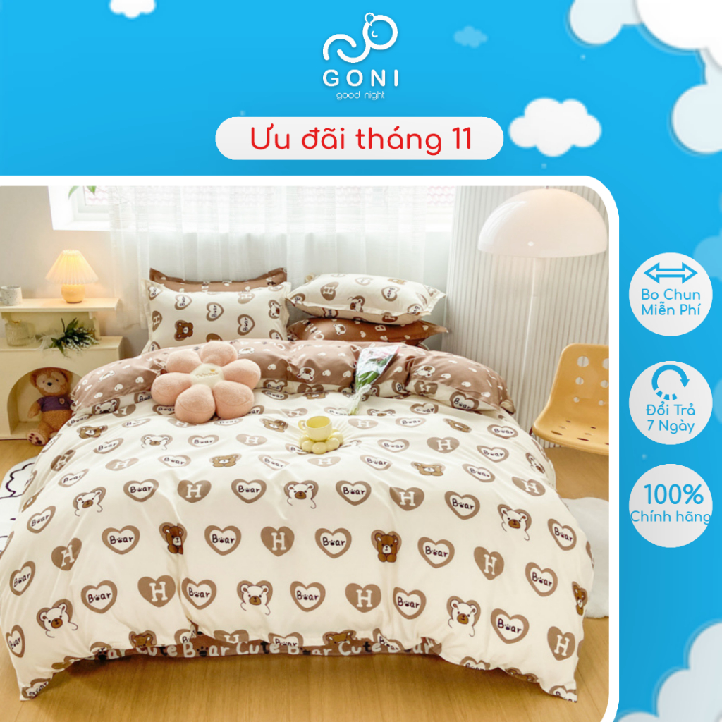 Bộ Chăn Ga Gối Cotton Tici GONI Drap Giường Hoạ Tiết Gấu Nâu Dễ Thương Đủ Kích Thước Trải Nệm Không Kèm Ruột