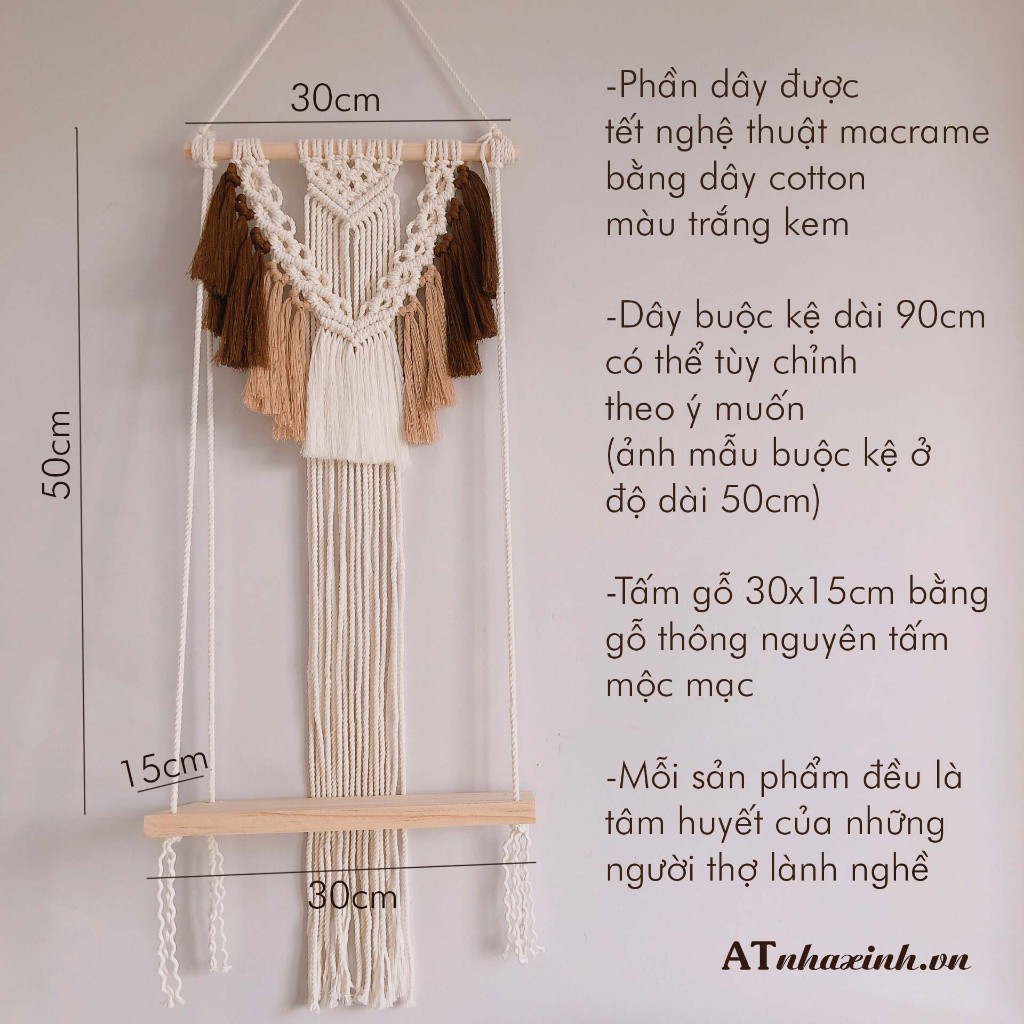 Kệ trang trí, kệ gỗ treo tường tết dây macrame trang trí nhà cửa decor nội thất decor phòng