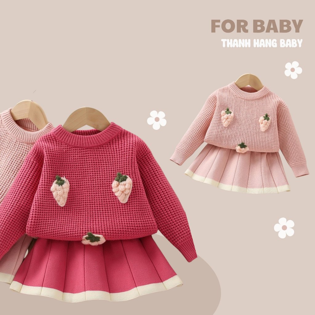 Set váy cho bé gái, set áo len dâu và chân váy cho bé Thanh Hằng Baby 11kg đến 28kg