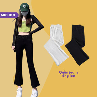 Quần Jean Ống Loe Tua Gấu MICHOO  Chất Bò Giấy Cạp Cao Tôn Dáng