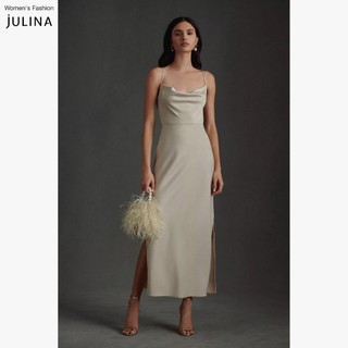 Váy dự tiệc hai dây xẻ tà màu trắng ngà Julina Cali Satin Champagne - JF991