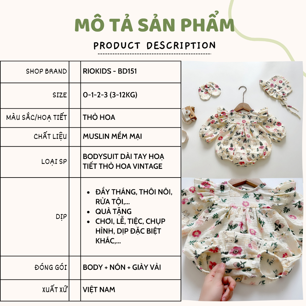 Bodysuit áo liền thân RIOKIDS, quần áo cho bé gái sơ sinh đầy tháng, thôi nôi, quà tặng BD151