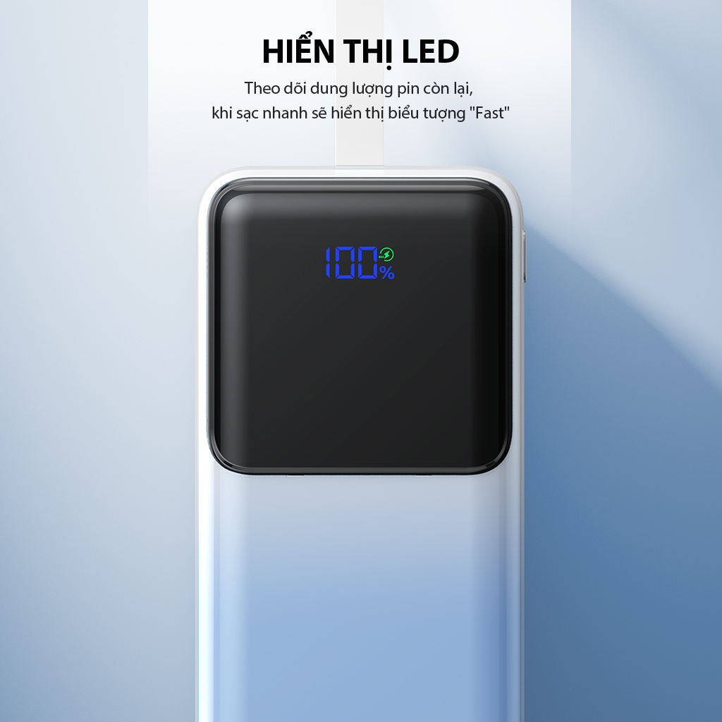 Pin dự phòng sạc nhanh VIVAN VPB-D30 Xanh Trắng 30000mAh Hiển thị đèn LED PD+QC3.0 22.5W, 2 cổng sạc vào - 3 cổng sạc ra