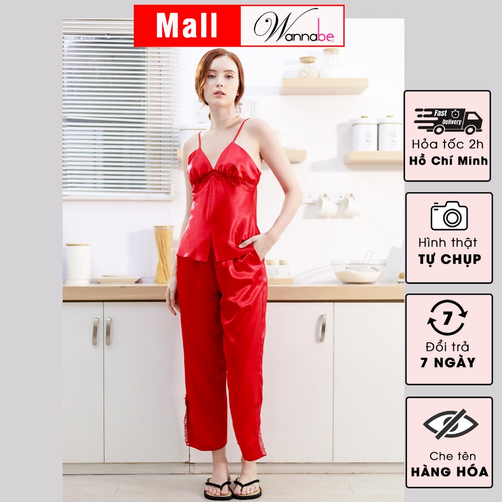 Đồ bộ mặc nhà WANNABE BDS41 đồ bộ quần dài phối áo 2 dây cúp ngực viền ren gợn sóng mang lại vẻ gọn gàng nữ tính