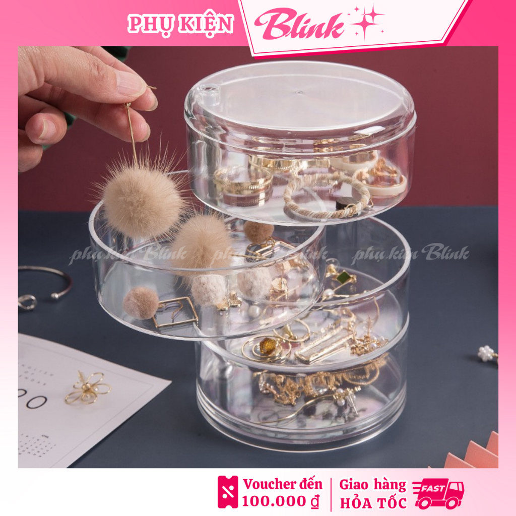 Khay đựng trang sức 4 tầng mini tròn xoay 360 độ cất giữ đồ gọn gàng, dễ phân loại, dễ tìm kiếm