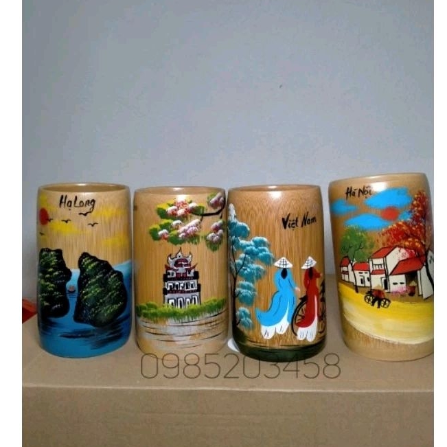 Cốc tre vẽ tay hình cô gái áo dài, phòng cảnh Việt Nam , quà tặng Việt Nam - bamboo