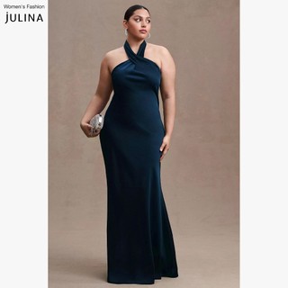 Váy dự tiệc cổ yếm dáng dài vải lụa màu xanh dương đậm Julina Ruby Satin Navy - JF904A