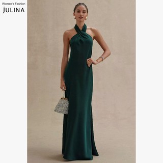 Váy dự tiệc cổ yếm dáng dài vải lụa màu xanh lá đậm Julina Ruby Satin Emerald Green Holly - JF913A