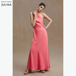Váy dự tiệc cổ yếm dáng dài vải lụa màu hồng cam Julina Ruby Satin Coral Pink - JF912