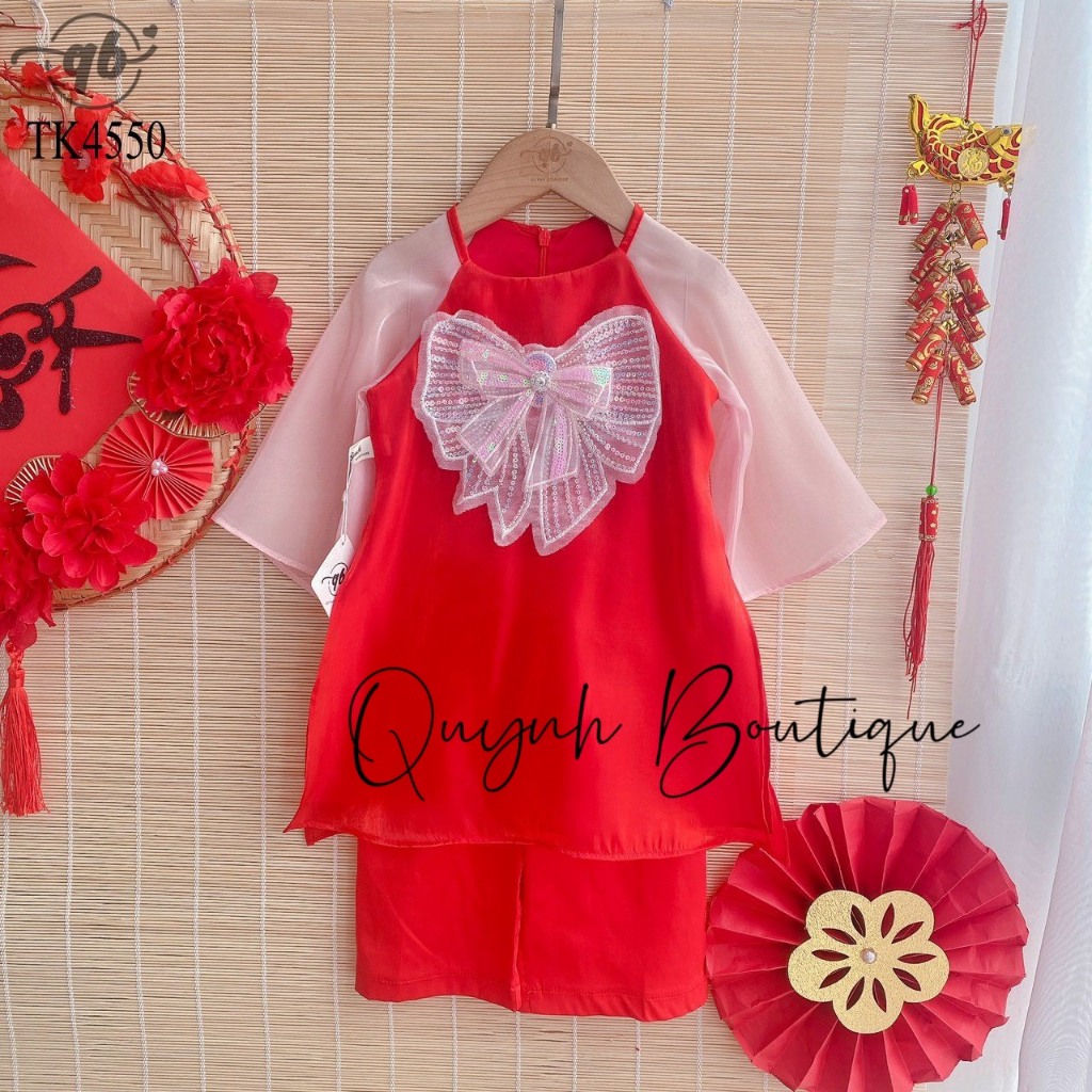 Áo Dài Bé Gái Áo Dài Voan Tơ Đỏ Tay Hồng Lỡ Quỳnh Boutique