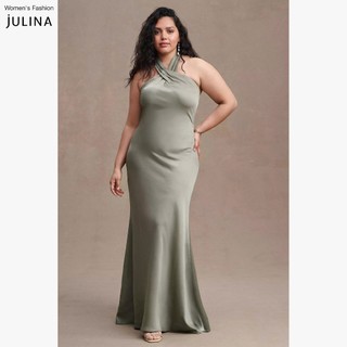 Váy dự tiệc cổ yếm dáng dài vải lụa satin màu xanh rêu Julina Ruby Satin Moss Green - JF918A