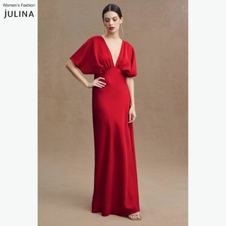 Váy dự tiệc dáng dài cổ chữ v vải lụa màu đỏ Julina Leila Red - JF927