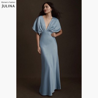 Váy dự tiệc dáng dài cổ chữ v vải lụa màu xanh xám Julina Leila Dusty Blue - JF922