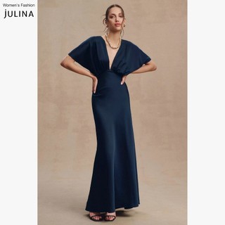 Váy dự tiệc dáng dài cổ chữ v vải lụa màu xanh dương đậm Julina Leila Midnight Navy - JF921A