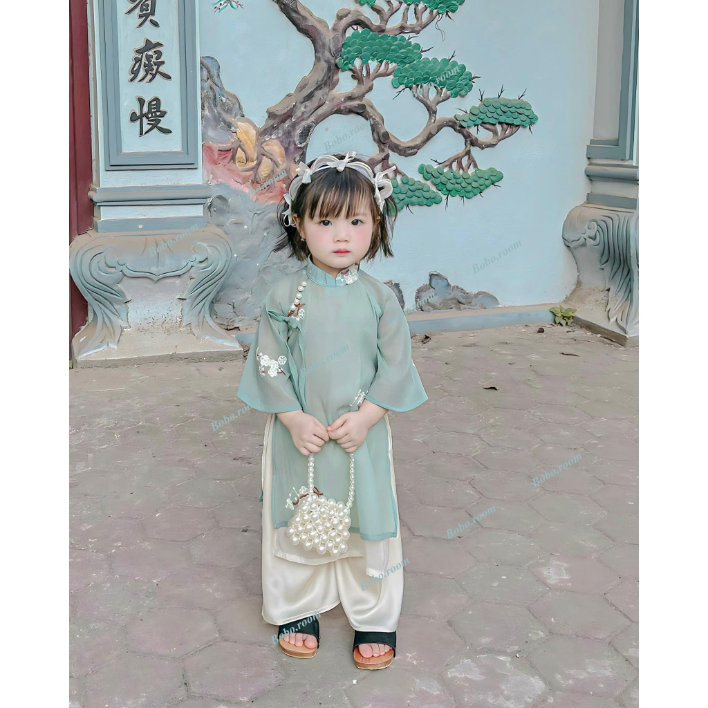 Áo dài tơ mềm cho bé nữ họa tiết hoa - Áo dài cho bé đón tết