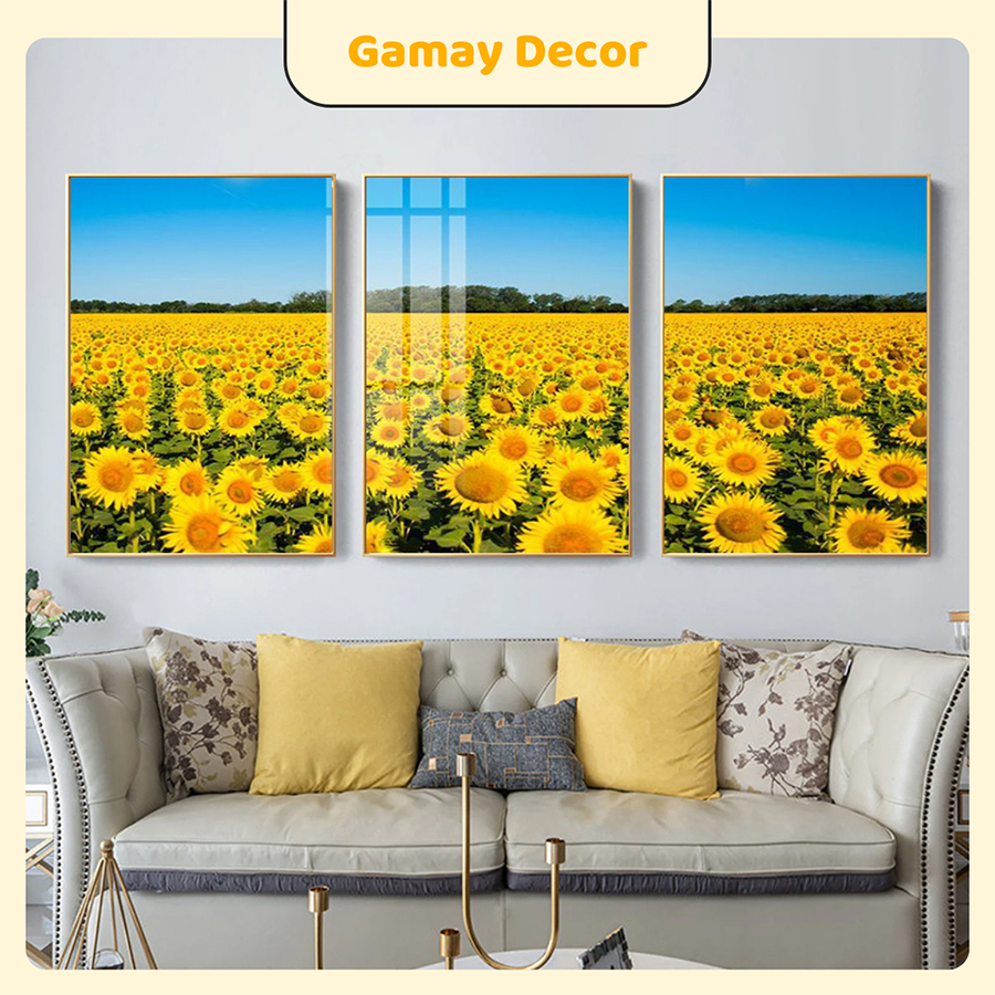 Tranh treo tường hoa hướng dương tráng gương, tranh treo tường phòng khách, phòng ngủ sang trọng - T