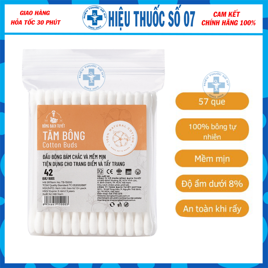 Tăm bông Cotton Buds Bông Bạch Tuyết đầu bông bám chắc, mềm mịn, an toàn vệ sinh tai - mắt - rốn cho bé
