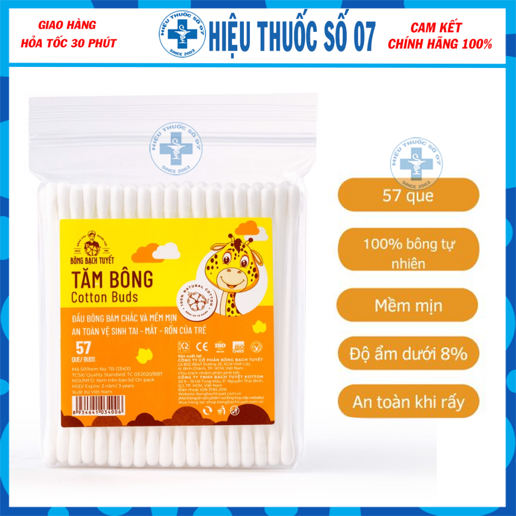 Tăm bông Cotton Buds Bông Bạch Tuyết đầu bông bám chắc, mềm mịn, an toàn vệ sinh tai - mắt - rốn cho bé