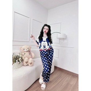 Bộ mặc nhà nữ quần dài áo cổ tròn họa tiết lụa latin size 40_58kg