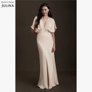 Váy dự tiệc dáng dài cổ chữ v vải lụa màu hồng phấn Julina Leila Oyster  - JF933