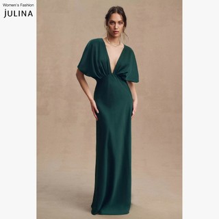 Váy dự tiệc dáng dài cổ chữ v vải lụa màu xanh lá đậm Julina Leila Emerald Green - JF929A