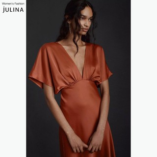 Váy dự tiệc dáng dài cổ chữ v vải lụa màu quế cam Julina Leila Cinnamon Orange - JF926A