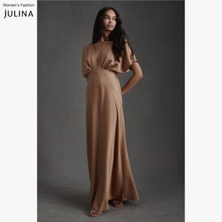 Váy dự tiệc dáng dài cổ chữ v vải lụa màu vàng kim Julina Leila Sand Dune - JF934