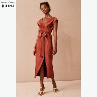 Váy dự tiệc cổ chữ v vạt chéo màu nâu quế Julina Louisa Cinnamon - JF947