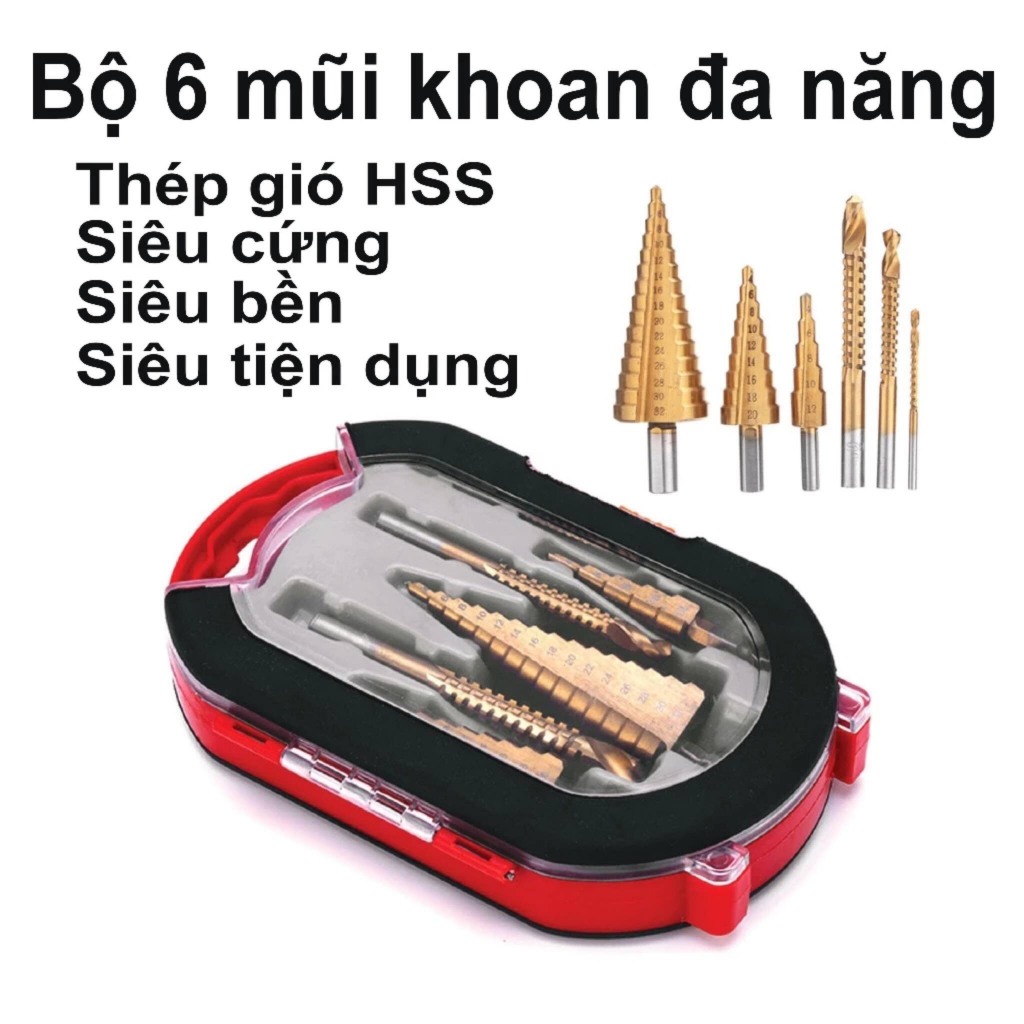Bộ 6 Mũi khoan tháp từng bước phủ Titan Mũi khoan bước 4-12 / 4--20 / 4-32, khoan cưa 3/6 / 8mm