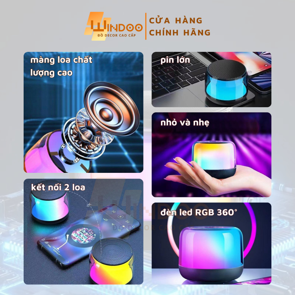 Loa bluetooth mini led RGB, loa di động nhỏ gọn bass mạnh có thẻ nhớ jack âm thanh AUX Windoo WD91