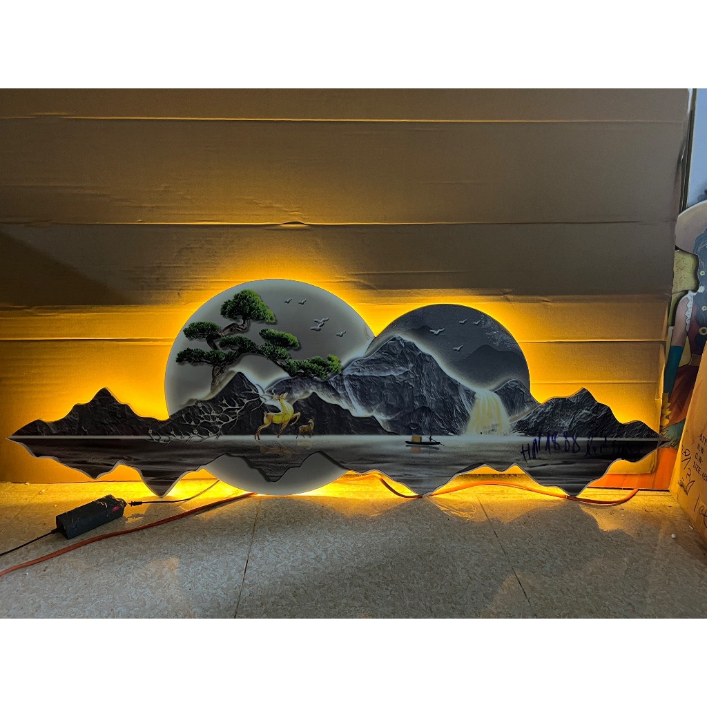 Mẫu tranh đèn Led tráng gương 5D, cảnh thác nước, sơn thủy