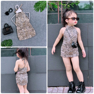 Đầm Body Cổ Yếm Hoạ Tiết Beo Hở Lưng Bé Gái Chất Thun Cotton Co Dãn Mềm Mại