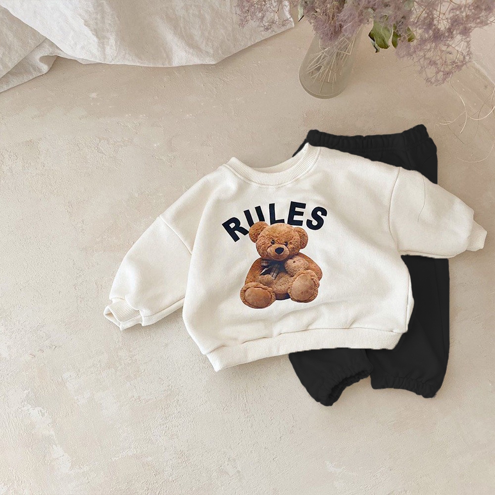 TE499 -Bộ áo+quần chất nỉ ép dày dặn cho bé trai bé gái hình gấu RULE đáng yêu size 8-16kg