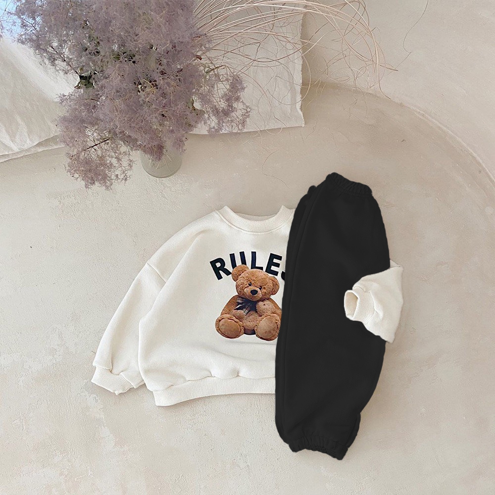 TE499 -Bộ áo+quần chất nỉ ép dày dặn cho bé trai bé gái hình gấu RULE đáng yêu size 8-16kg