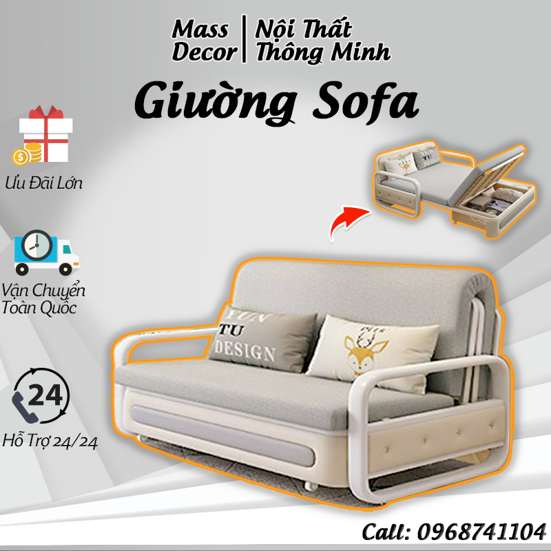 Sofa Giường MASS DECOR Thông Minh Tích Hợp Tính Năng Vừa Làm Giường Vừa Làm Ghế Có Hộc Để Đồ Lớn Tặng Kèm 2 Gối
