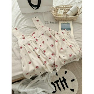 ẢNH THẬT ] Set pijama đũi 2 dây viền ren bảng to hoạ tiết dễ thương. Bộ ngủ nữ đũi xước