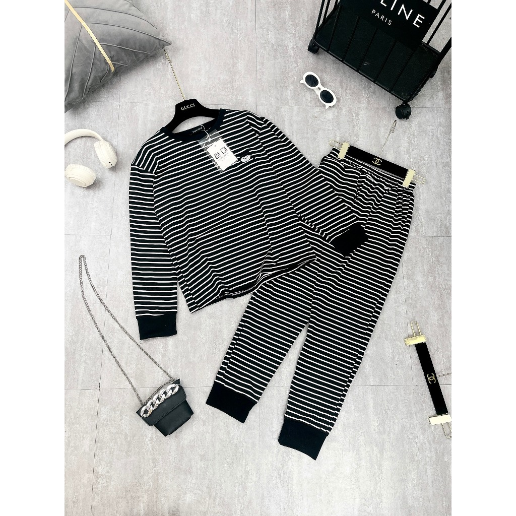 Set Bộ Đồ Nữ Áo Thun Dáng Dài Kẻ Ngang Thêu Cô Gái Mix Quần Xuông Dáng Dài Bo Gấu Freesize