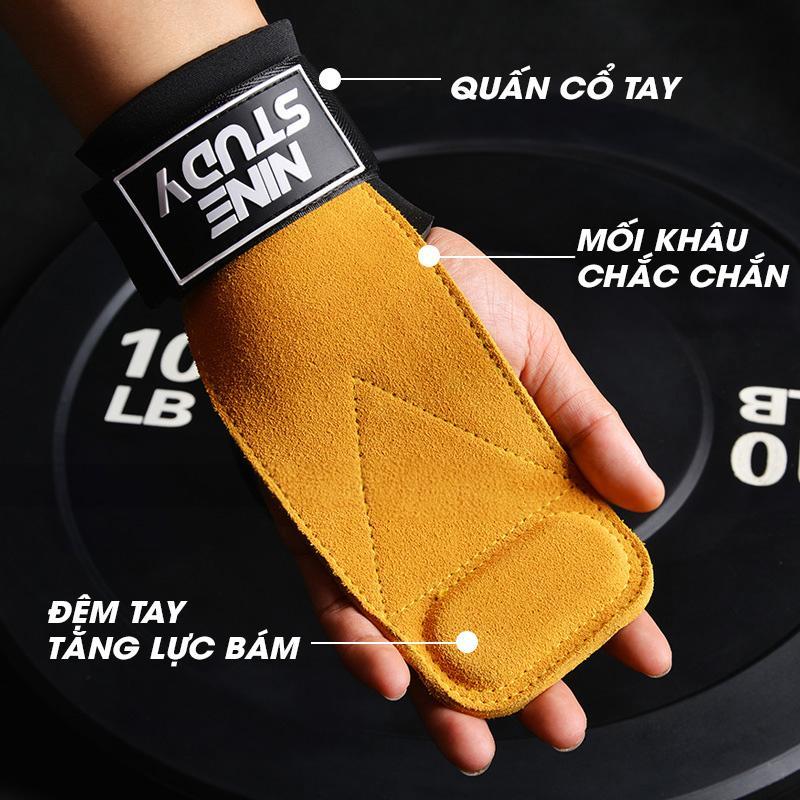 Găng tay da bò deadlift Nine Study Chính hãng hở ngón tập gym bao tay lifting straps