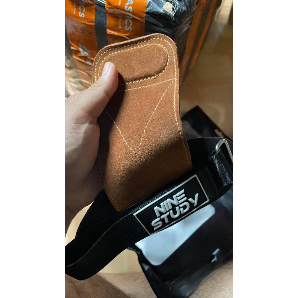 Găng tay da bò deadlift Nine Study Chính hãng hở ngón tập gym bao tay lifting straps